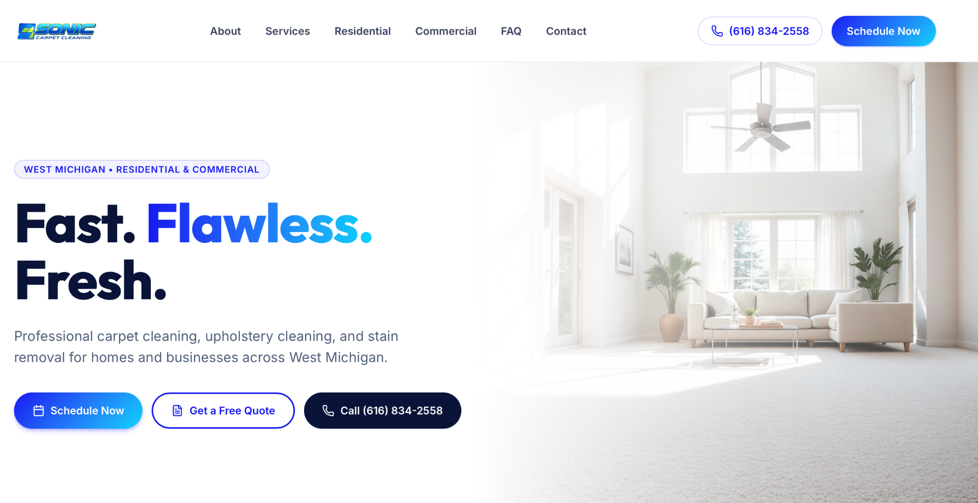 Sonic Carpet Cleaning homepage hero — 'Fast. Flawless. Fresh.' with a bright living room