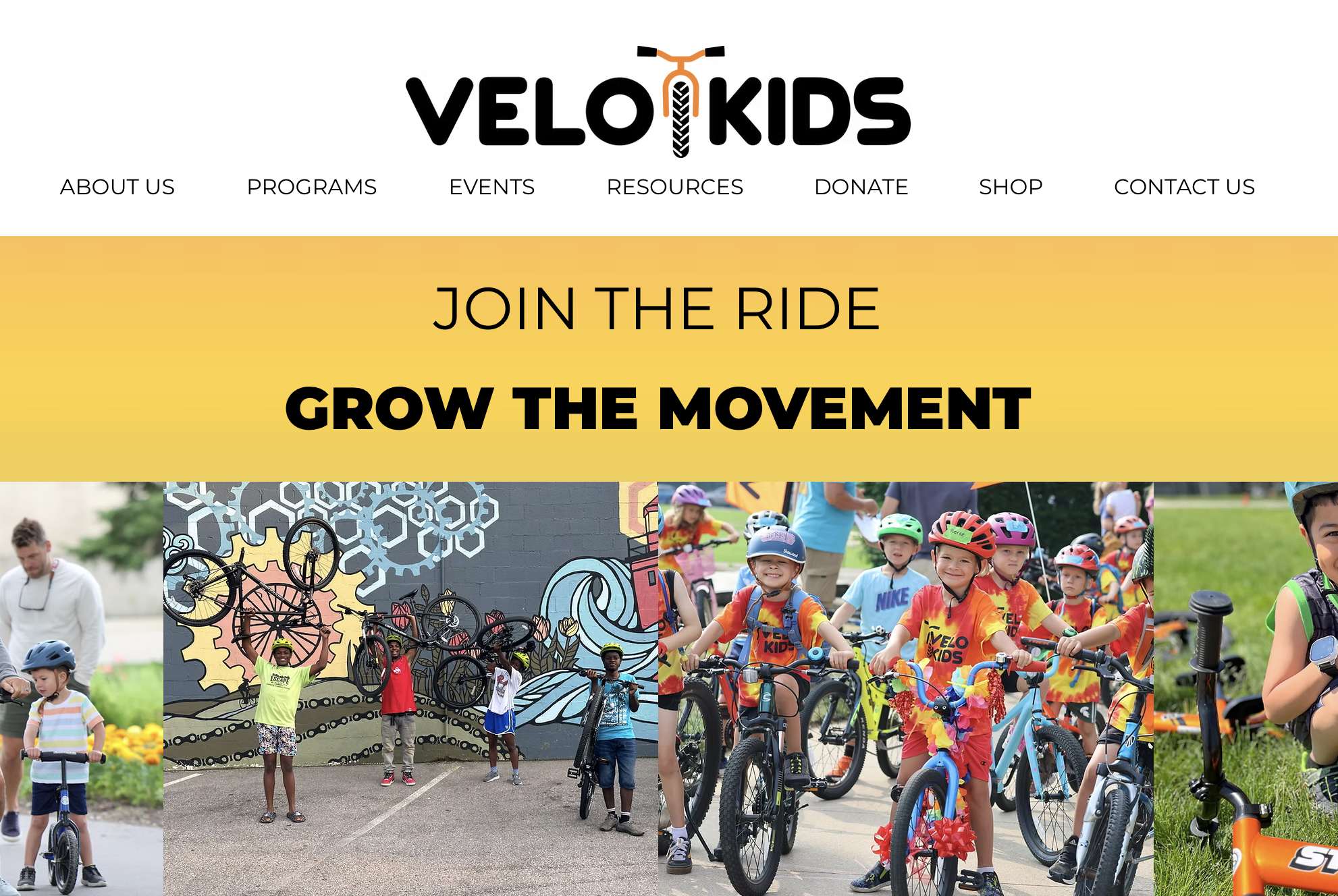 Velo Kids homepage hero featuring 'Join the Ride, Grow the Movement' with young riders