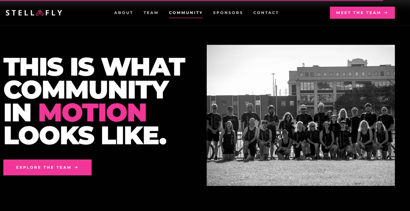Team StellaFly community page — 'This is what community in motion looks like'